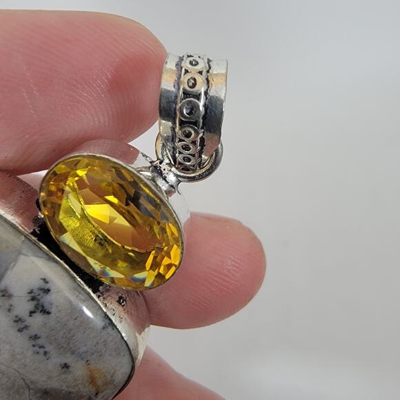 Handmade Silver Pendant with Dendritic Opal and Faceted Citrine Accents - Picture 7 of 10